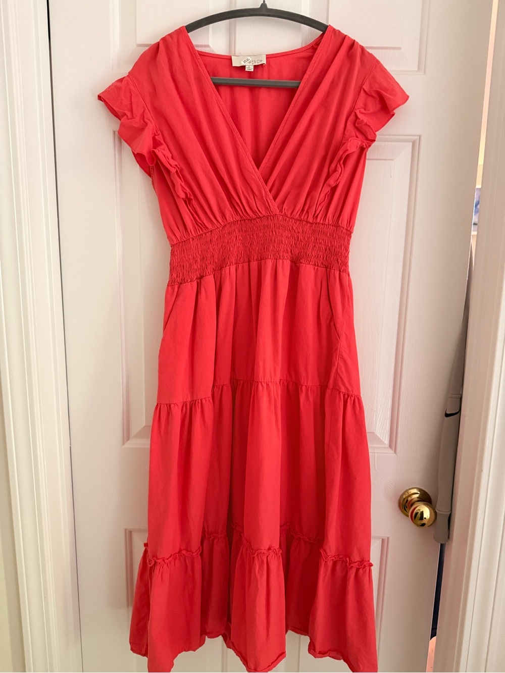 Pinch Coral Red V-Neck Tiered Midi Dress